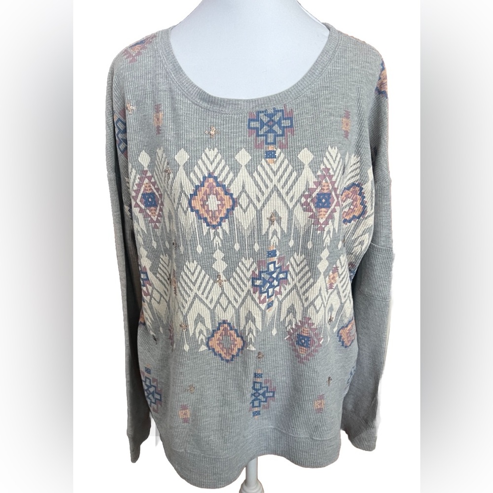 MISS ME Gray Ribbed Thermal Aztec Graphic Print Sweatshirt Top Size Large